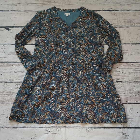 Garnet Hill Teal Tan Paisley Drop Waist Button Up Viscose Dress 6 - Picture 1 of 8
